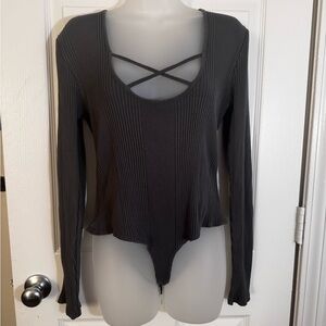 Aerie Charcoal Ribbed Cross-Strap Bodysuit
